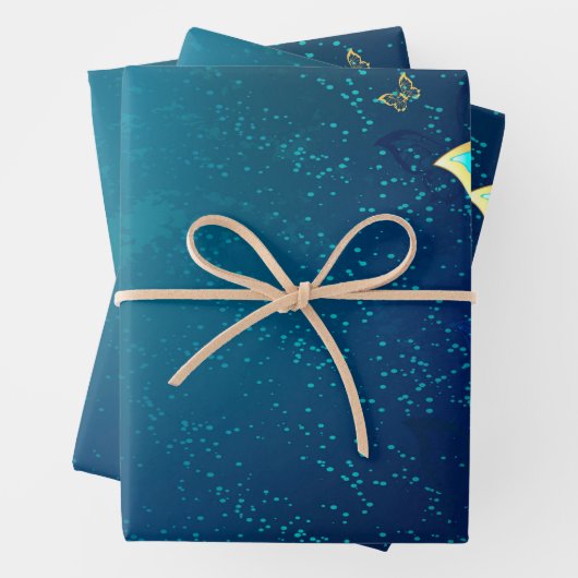 Goldene Schmetterlinge auf blauem Hintergrund Geschenkpapier Set (Beispiel)