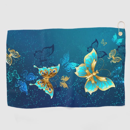 Goldene Schmetterlinge auf blauem Hintergrund Golfhandtuch (Horizontal)