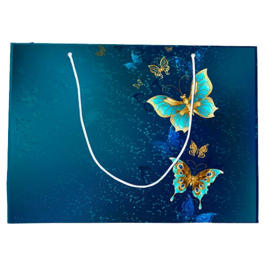 Goldene Schmetterlinge auf blauem Hintergrund Große Geschenktüte (Rückseite)