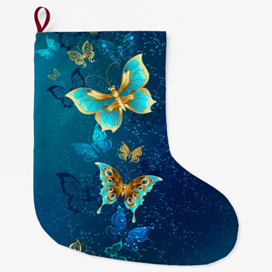 Goldene Schmetterlinge auf blauem Hintergrund Großer Weihnachtsstrumpf (Vorderseite)