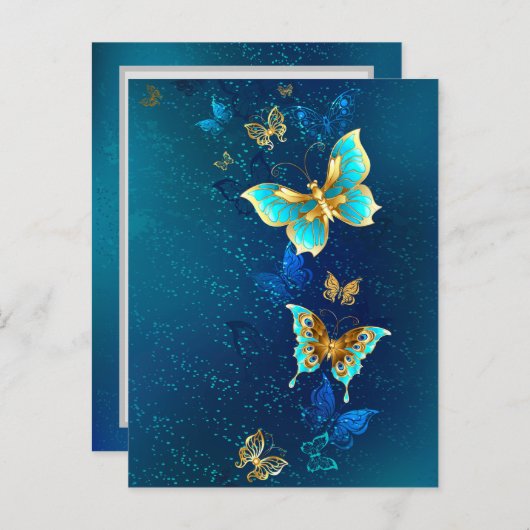 Goldene Schmetterlinge auf blauem Hintergrund Hinweiskarte (Vorne/Hinten)