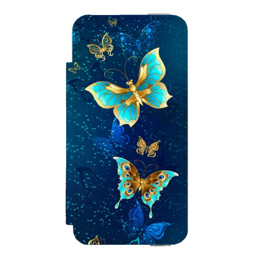 Goldene Schmetterlinge auf blauem Hintergrund Incipio iPhone Geldbeutel-Hülle (Folio Vorderseite)