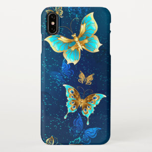 Goldene Schmetterlinge auf blauem Hintergrund iPhone Hülle