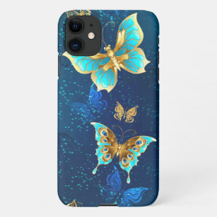 Goldene Schmetterlinge auf blauem Hintergrund iPhone 11 Hülle