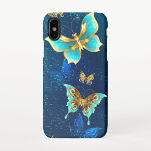 Goldene Schmetterlinge auf blauem Hintergrund iPhone Hülle