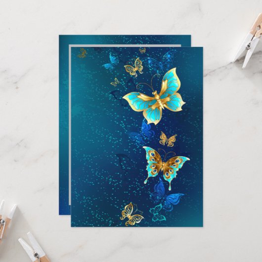 Goldene Schmetterlinge auf blauem Hintergrund Karte (Vorderseite/Rückseite Beispiel)