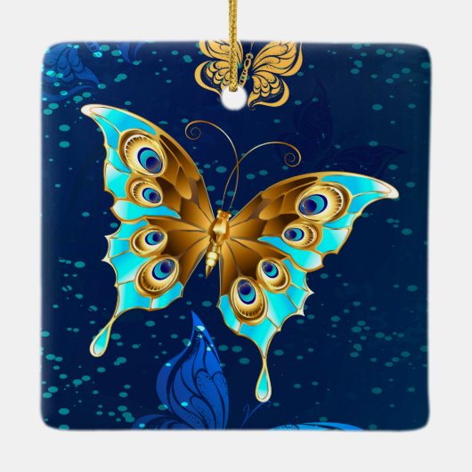 Goldene Schmetterlinge auf blauem Hintergrund Keramikornament (Rückseite)