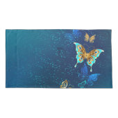 Goldene Schmetterlinge auf blauem Hintergrund Kissenbezug (Rückseite)