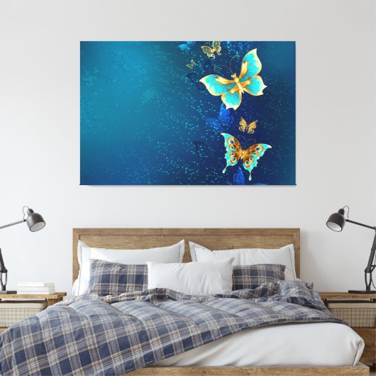 Goldene Schmetterlinge auf blauem Hintergrund Leinwanddruck (Insitu (Schlafzimmer))