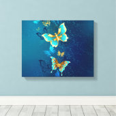 Goldene Schmetterlinge auf blauem Hintergrund Leinwanddruck (Insitu (Holzboden))