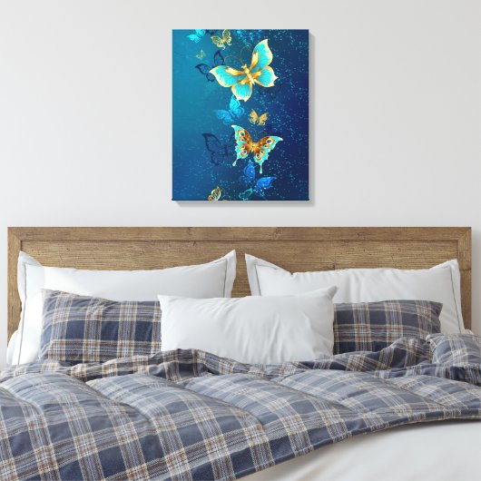Goldene Schmetterlinge auf blauem Hintergrund Leinwanddruck (Insitu (Schlafzimmer))
