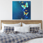 Goldene Schmetterlinge auf blauem Hintergrund Leinwanddruck (Insitu (Schlafzimmer))