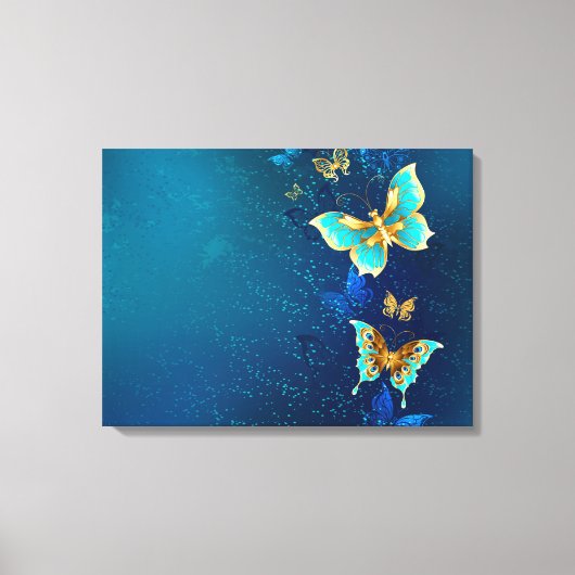 Goldene Schmetterlinge auf blauem Hintergrund Leinwanddruck (Vorderseite)