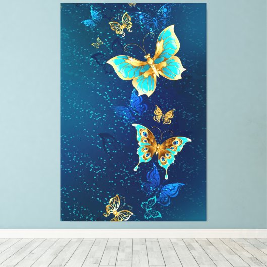 Goldene Schmetterlinge auf blauem Hintergrund Leinwanddruck (Insitu (Holzboden))
