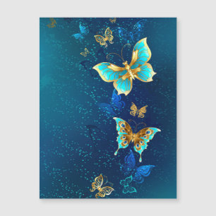 Goldene Schmetterlinge auf blauem Hintergrund Magnetkarte