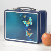 Goldene Schmetterlinge auf blauem Hintergrund Metall Brotdose (Beispiel)