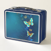 Goldene Schmetterlinge auf blauem Hintergrund Metall Brotdose (Rückseite)