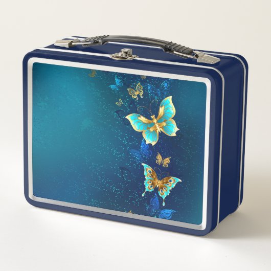 Goldene Schmetterlinge auf blauem Hintergrund Metall Brotdose (Vorderseite)