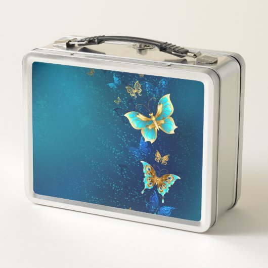 Goldene Schmetterlinge auf blauem Hintergrund Metall Brotdose (Rückseite)