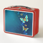 Goldene Schmetterlinge auf blauem Hintergrund Metall Brotdose (Vorderseite)