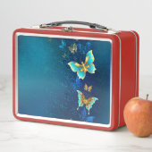 Goldene Schmetterlinge auf blauem Hintergrund Metall Brotdose (Beispiel)