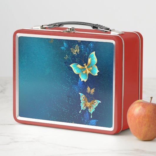 Goldene Schmetterlinge auf blauem Hintergrund Metall Brotdose (Beispiel)