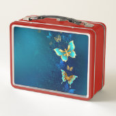 Goldene Schmetterlinge auf blauem Hintergrund Metall Brotdose (Rückseite)