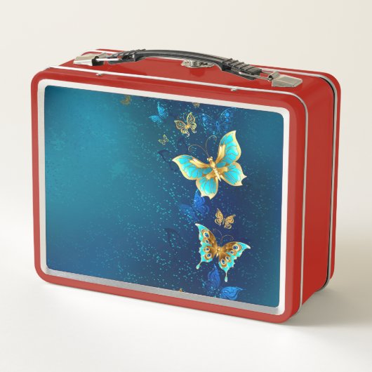Goldene Schmetterlinge auf blauem Hintergrund Metall Brotdose (Rückseite)