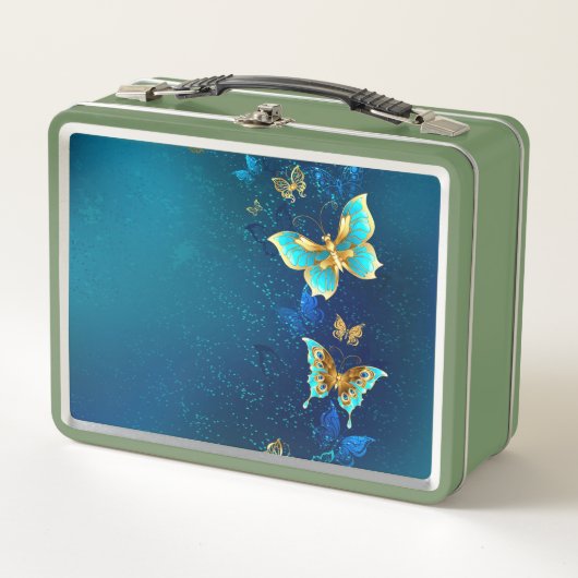 Goldene Schmetterlinge auf blauem Hintergrund Metall Brotdose (Vorderseite)
