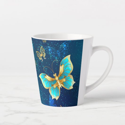 Goldene Schmetterlinge auf blauem Hintergrund Milchtasse (Rechts)