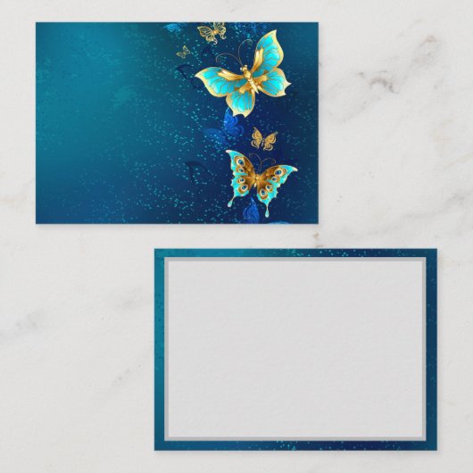 Goldene Schmetterlinge auf blauem Hintergrund Mitteilungskarte (Vorne/Hinten)