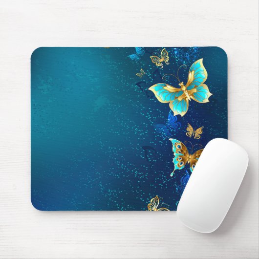 Goldene Schmetterlinge auf blauem Hintergrund Mousepad (Mit Mouse)