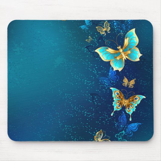 Goldene Schmetterlinge auf blauem Hintergrund Mousepad (Vorne)