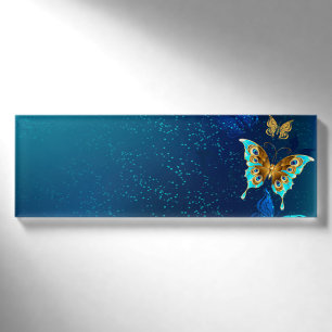 Goldene Schmetterlinge auf blauem Hintergrund Namenschild