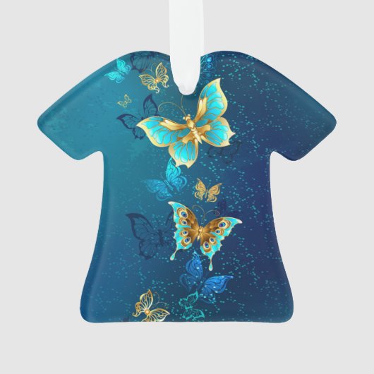 Goldene Schmetterlinge auf blauem Hintergrund Ornament (Rückseite)