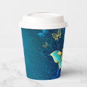 Goldene Schmetterlinge auf blauem Hintergrund Pappbecher (Links)