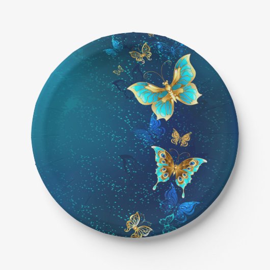Goldene Schmetterlinge auf blauem Hintergrund Pappteller (Vorderseite)