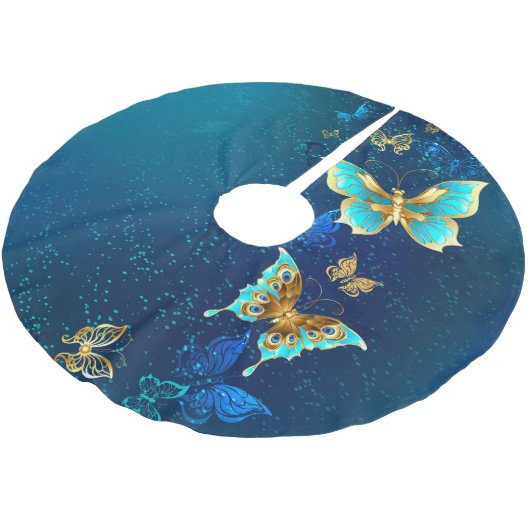 Goldene Schmetterlinge auf blauem Hintergrund Polyester Weihnachtsbaumdecke (Schrägansicht)