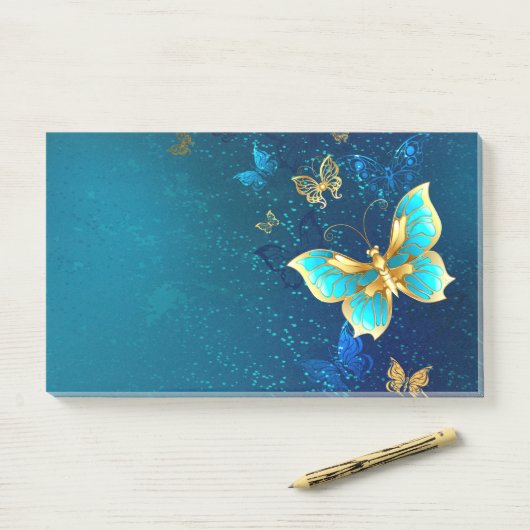 Goldene Schmetterlinge auf blauem Hintergrund Post-it Klebezettel (Auf Schreibtisch)