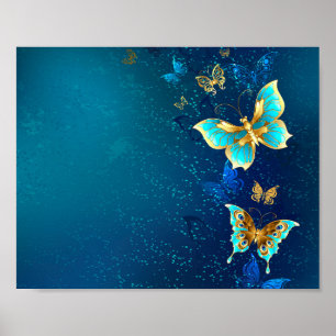 Goldene Schmetterlinge auf blauem Hintergrund Poster