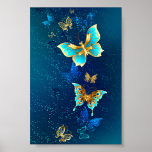 Goldene Schmetterlinge auf blauem Hintergrund Poster