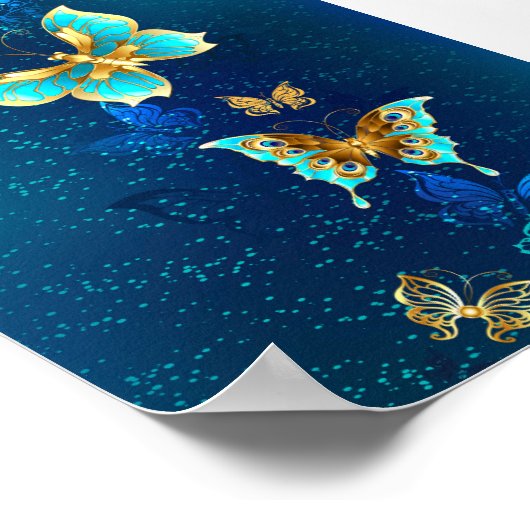 Goldene Schmetterlinge auf blauem Hintergrund Poster (Ecke)