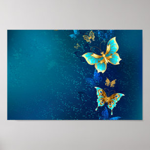 Goldene Schmetterlinge auf blauem Hintergrund Poster