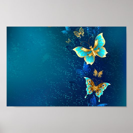 Goldene Schmetterlinge auf blauem Hintergrund Poster (Vorne)