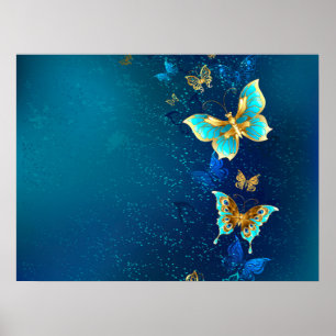 Goldene Schmetterlinge auf blauem Hintergrund Poster