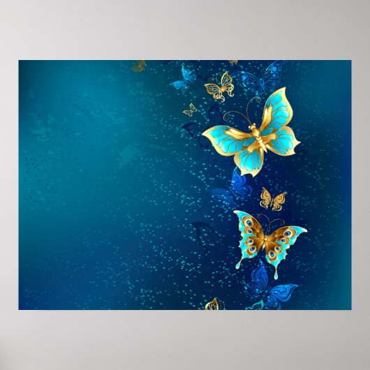 Goldene Schmetterlinge auf blauem Hintergrund Poster (Vorne)