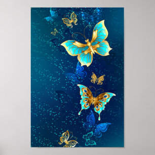 Goldene Schmetterlinge auf blauem Hintergrund Poster
