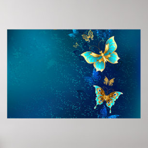 Goldene Schmetterlinge auf blauem Hintergrund Poster