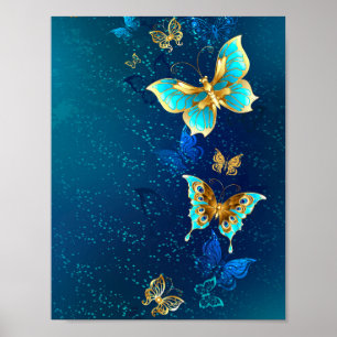 Goldene Schmetterlinge auf blauem Hintergrund Poster