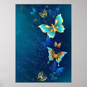 Goldene Schmetterlinge auf blauem Hintergrund Poster